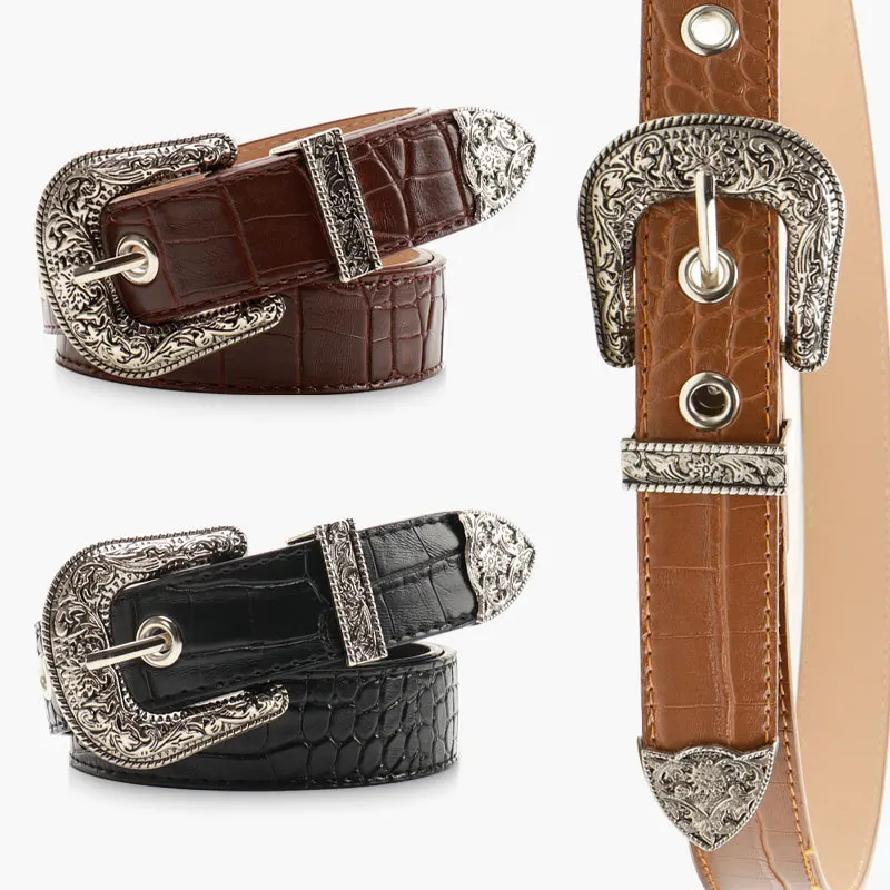 IF IFOND Fashionable Retro-Style Alloy Three-Piece Set with Embossed Buckle Leather Belt—High-End Versatile Women’s Belt