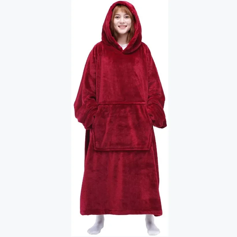 Nordic Super Long Flannel Blanket with Sleeves Winter Hoodies Sweatshirt Solid Pullover Fleece Oversized Giant TV Red Blankets