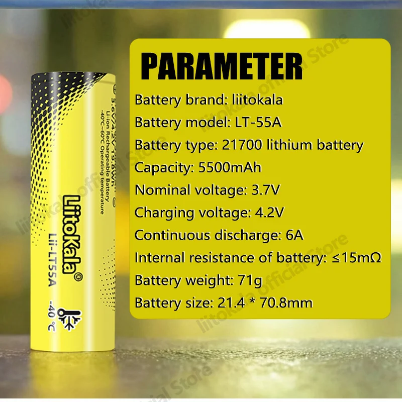 10PCS LiitoKala Lii-LT55A 21700 5500mah 3.7V Rechargeable Battery 1C High Power Discharge for -40° Low-temperature battery