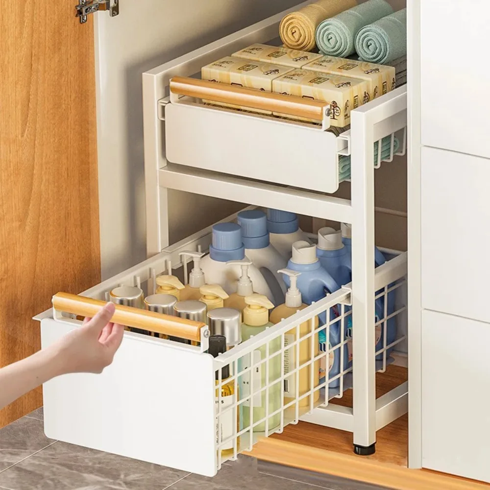 Bathroom Storage Rack With Pull-out Basket Layered Shelves Carbon Steel Under Sink Shelf Seasoning Bottle Kitchen Storage Racks