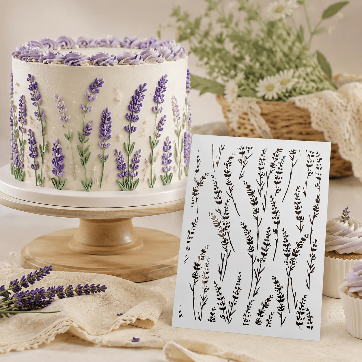 PET Lavender Flower Hollow Cake Stencil, Food‑Grade Frosting Decor Template, DIY Scrapbook Wall‑Painting Handcraft Stencil