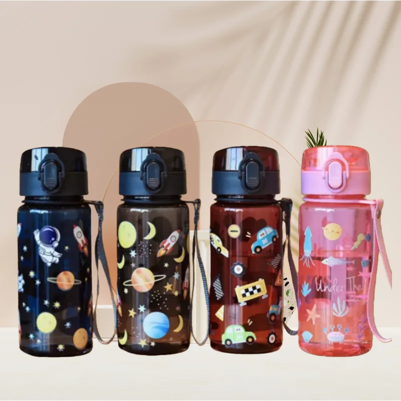 3D Printed 400ml Cartoon Space/Car/fish/ Pattern Plastic Cup Water Bottle Portable Cute Straw Cup Leak-proof Drinking