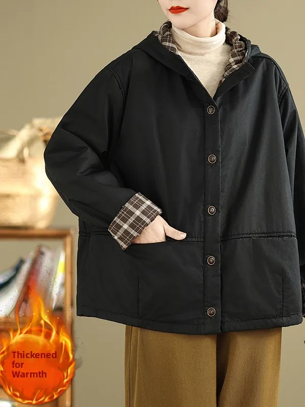 

Winter Retro Casual Double Layer Plaid Hooded Jaet Thiened Cotton Coat Warm Women's Korean Sle Straight Cut Coat