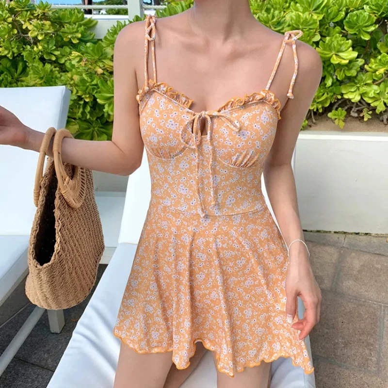 Korean Floral Halter Swimwear Women Dress 2024 Sexy One Piece Swimsuit Backless Bathing Suit Ruffle Summer Beach Wear Monokini