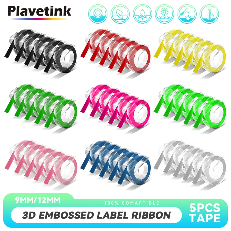 PLAVETINK 5Pcs Compatible for Dymo 3D label tape 3D Embossing Tape Plastic 3D Embossing Label for Dymo Motex E-101 12695 Printer