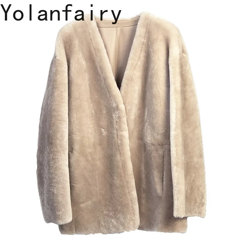 

YOLANFAIRY Элегантная женская зимняя шуба из натурального меха, средней длины, из натуральной овечьей кожи мериноса, с V-образным вырезом и поясом