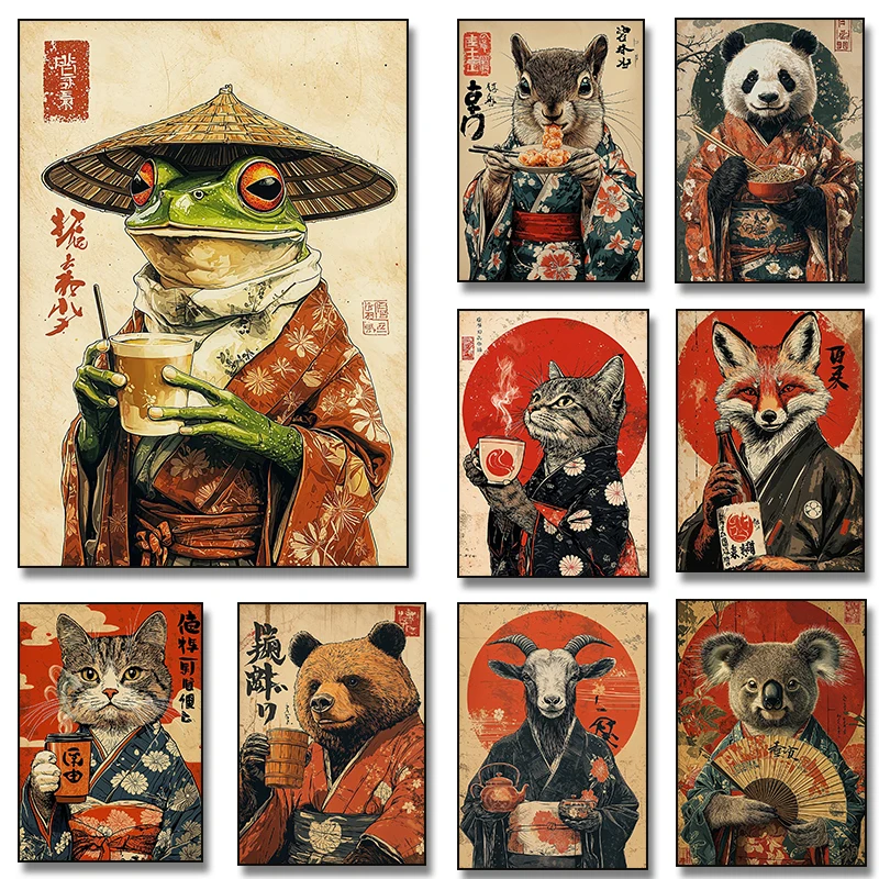Retro japonés Rana bebida café Sushi conejo zorro mapache gato con té arte cartel lienzo pintura impresiones de pared habitación decoración del hogar