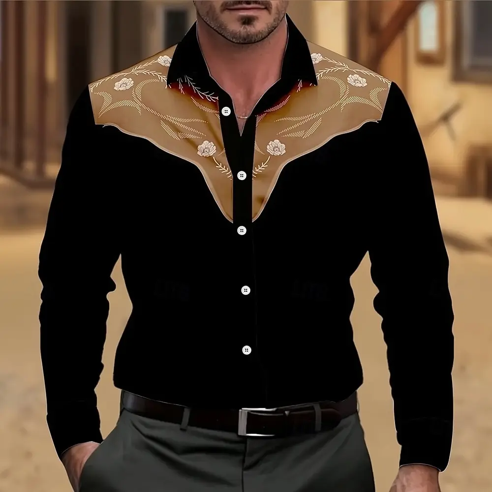 Heren bloemenprint bloemen western overhemd button-up overhemd cowboy overhemd lange mouw vintage casual 3D print overhemden met kraag