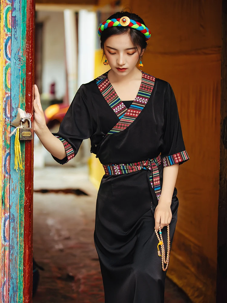 

Summer New Silk Skirt Tibetan Clothing Women Short Sleeve Dress Thin