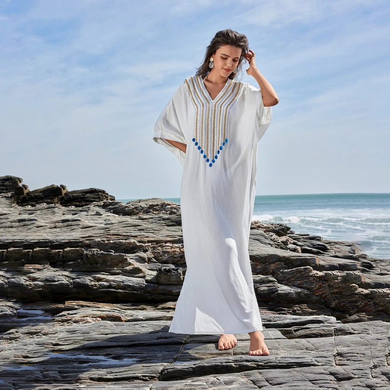 Para Praia-Robe de plage blanche en mousseline de soie pour femme, kimono, kaftan, cover-up pour les maillots de bain, Industries ong, cardigan, bikini