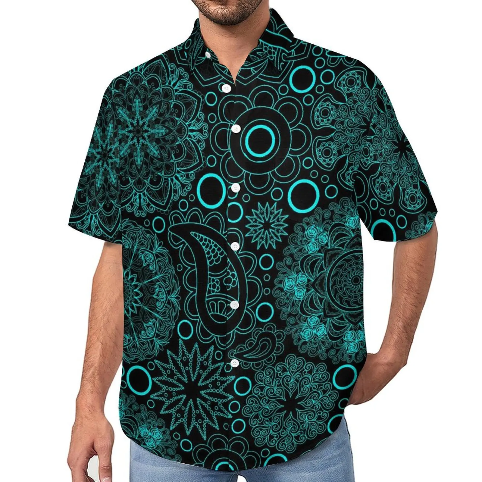 Boho Paisley Beach Shirt Blue Mandala Hawaii Casual Shirts Man Novelty Blouses Short Sleeve Design Clothing Big Size 3XL 4XL