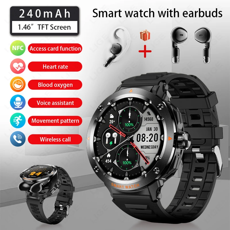 

LIGE Smart Watch Earphone Bluetooth Call Health Monitoring Heart Rate Blood Oxygen Sleep Smartwatch Motion Data Smartwatches NFC