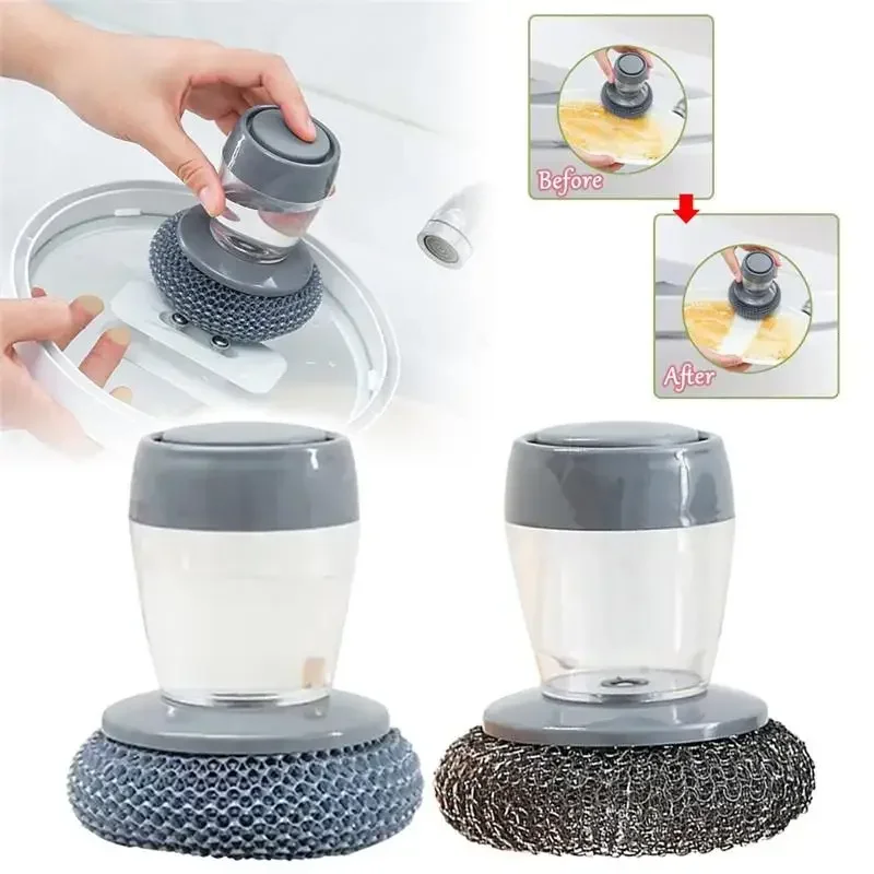 Kitchen Soap Dispensing Palm Brush Automatic Liquid Adding PET Ball Pot Brush Cleaner Push-type Detergent Tools cleaning