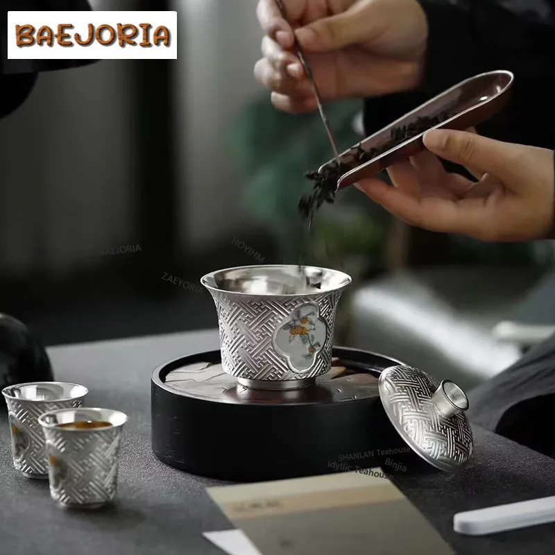 BAEJORIA 140ml Boutique Gilt Silver Cover Bowl Creative Persimmon Gaiwan Ancient Tea Tureen Tea Maker Cover Bowl Chinese Tea Set