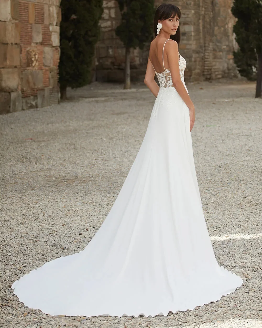 A-line Bridal Gown, Lace Applique Spaghetti Strap Open Back Design, Elegant Wedding Dress, Customizable.