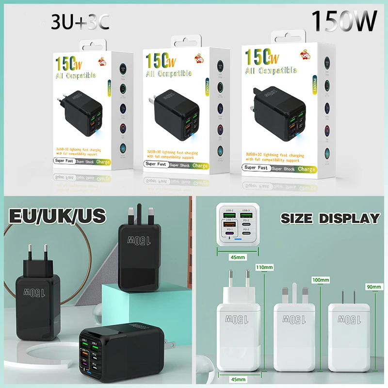 샤오미 150W 초고속 충전기, 6 포트 PD C타입 QC 3.0 케이블, 6A 초고속 고속 충전, 아이폰 삼성 충전기