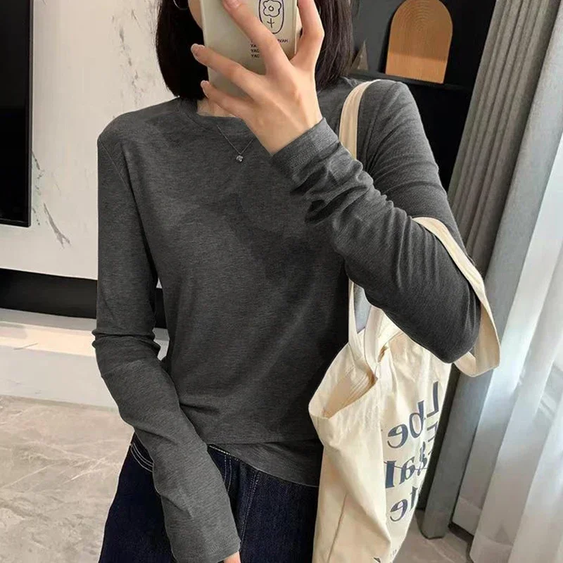 AOSSVIAO Herbst-Winter Slim Fit Schulter-Langarm-T-Shirt für Damen, trendiges Basic-T-Shirt mit Rundhalsausschnitt, superweich, vielseitiges, schlankmachendes Oberteil – Detail 2