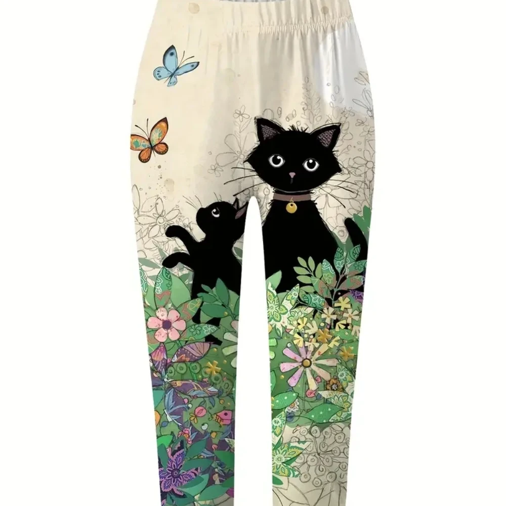 Floral cute kitten print elastic elastic waist slim leggings casual skinny capri pants for women