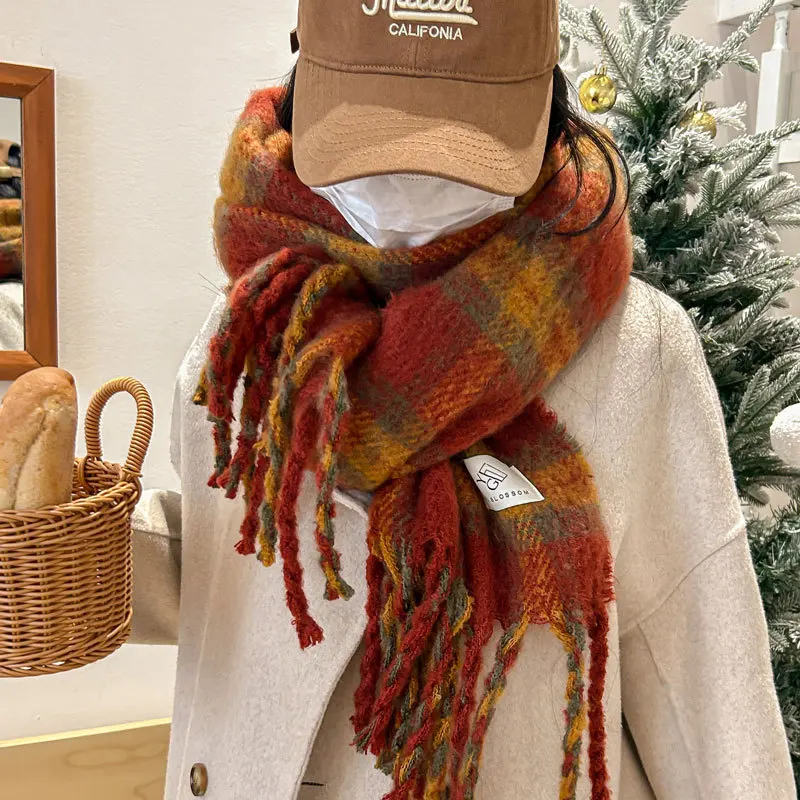 

Женский зимний красный клетчатый рождественский шарф, кашемировые теплые шарфы из пашмины, одеяло, женская толстая мягкая шаль с кисточками, длинная Wh246