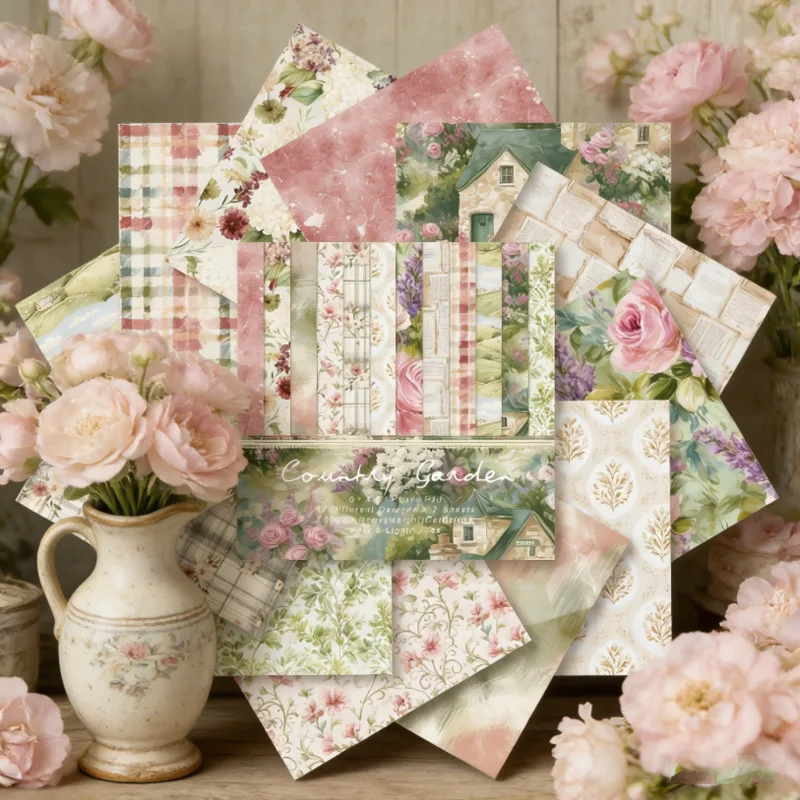 Country Garden Floral Plaid Vintage Script Pattern 6x6 Scrapbook Paper Pad 24 Sheets Cardstock for Junk Journal Album Craft