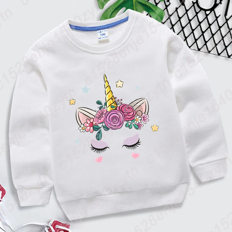 Flower Unicorn Face Print Hoodless Sweatshirts For Children Autumn Winter Kids Casual Solid Color Boys Girls Crew Neck Pullovers