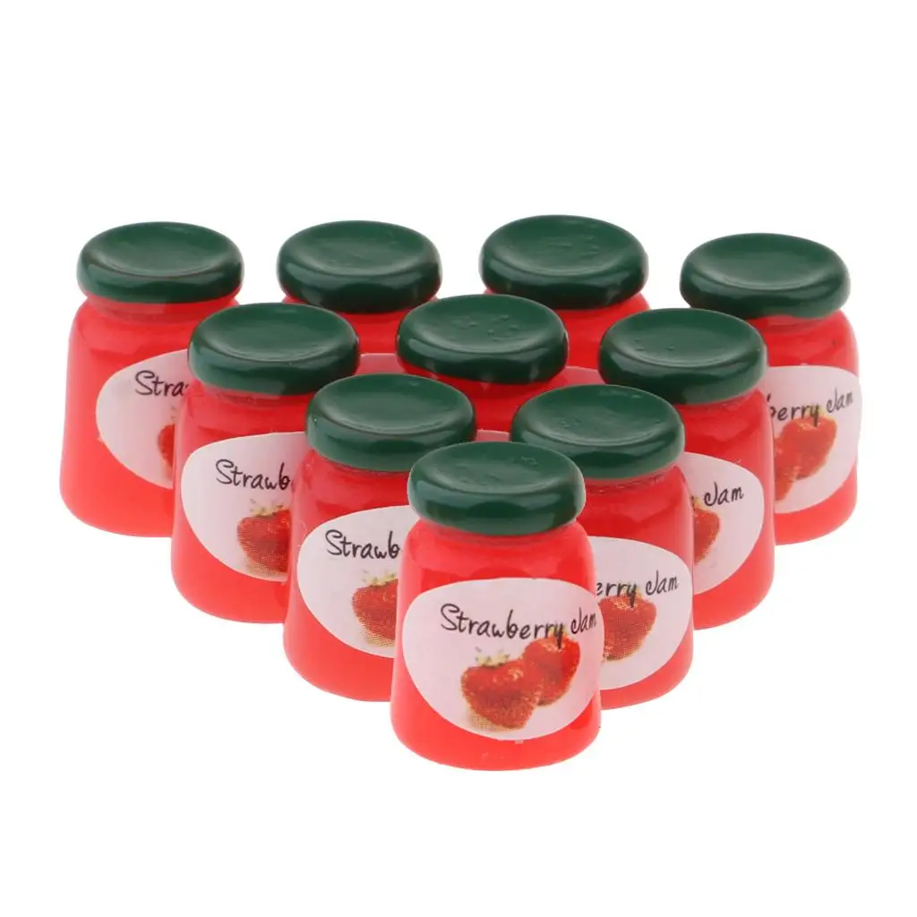 1/12 Puppenhaus Küche Lebensszene Ornament – Miniatur-Lebensmittelmodell Erdbeermarmelade Flaschen Set vorgeben 10-teilig