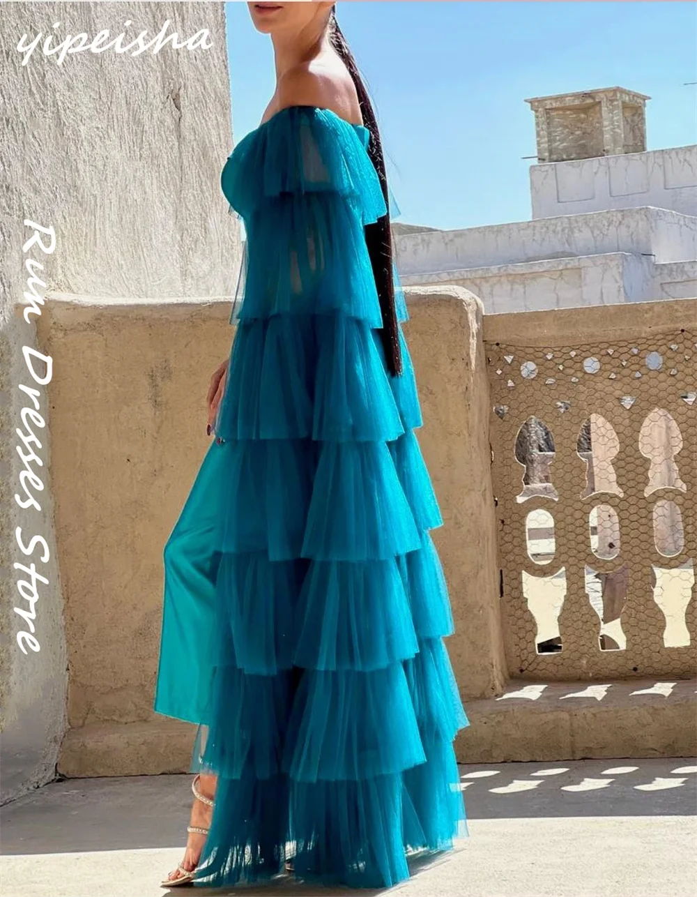 Elegant Off-the-shoulder Sheath Anke Length Celebrity Dresses Layered Net/Tulle Formal Occasion Gown vestidos de fiesta فستان سه