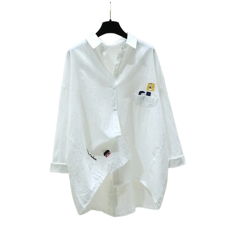 

Embroidered Pure Cotton Shirt Women's New Long Sleeved Spring Front Short Back Long Casual Shirt Loose Top