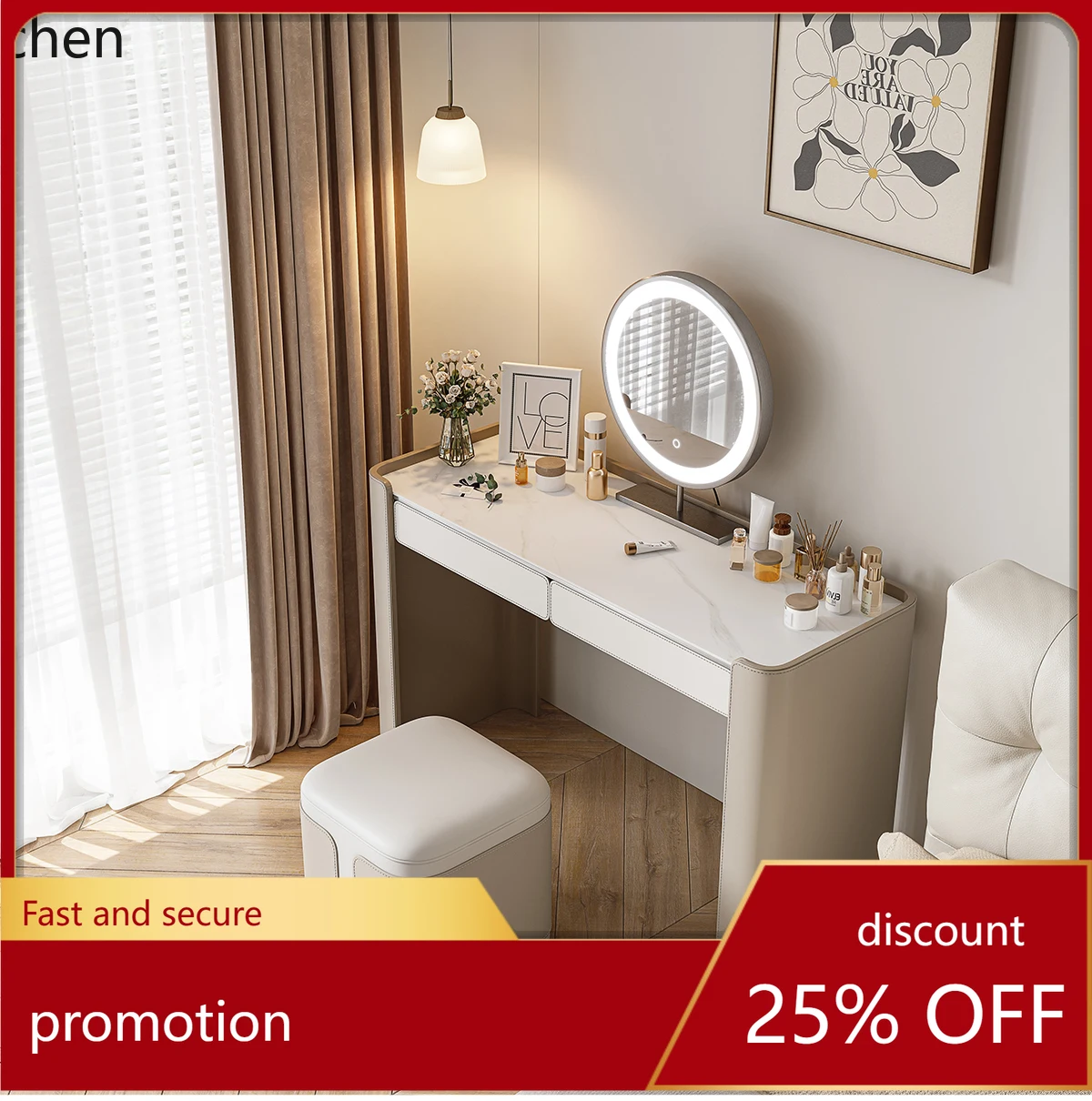 

HXL Bedside Dressing Table Cream Style Bedroom Saddle Leather Makeup Table Master Bedroom Makeup Desk