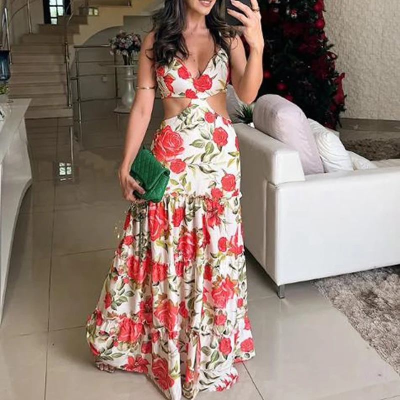Nuevo vestido largo de playa con espalda descubierta 2025, vestido bohe con estampado Floral y cuello en V a la moda para mujer, vestido de fiesta elegante sin mangas con agujeros y cintura alta