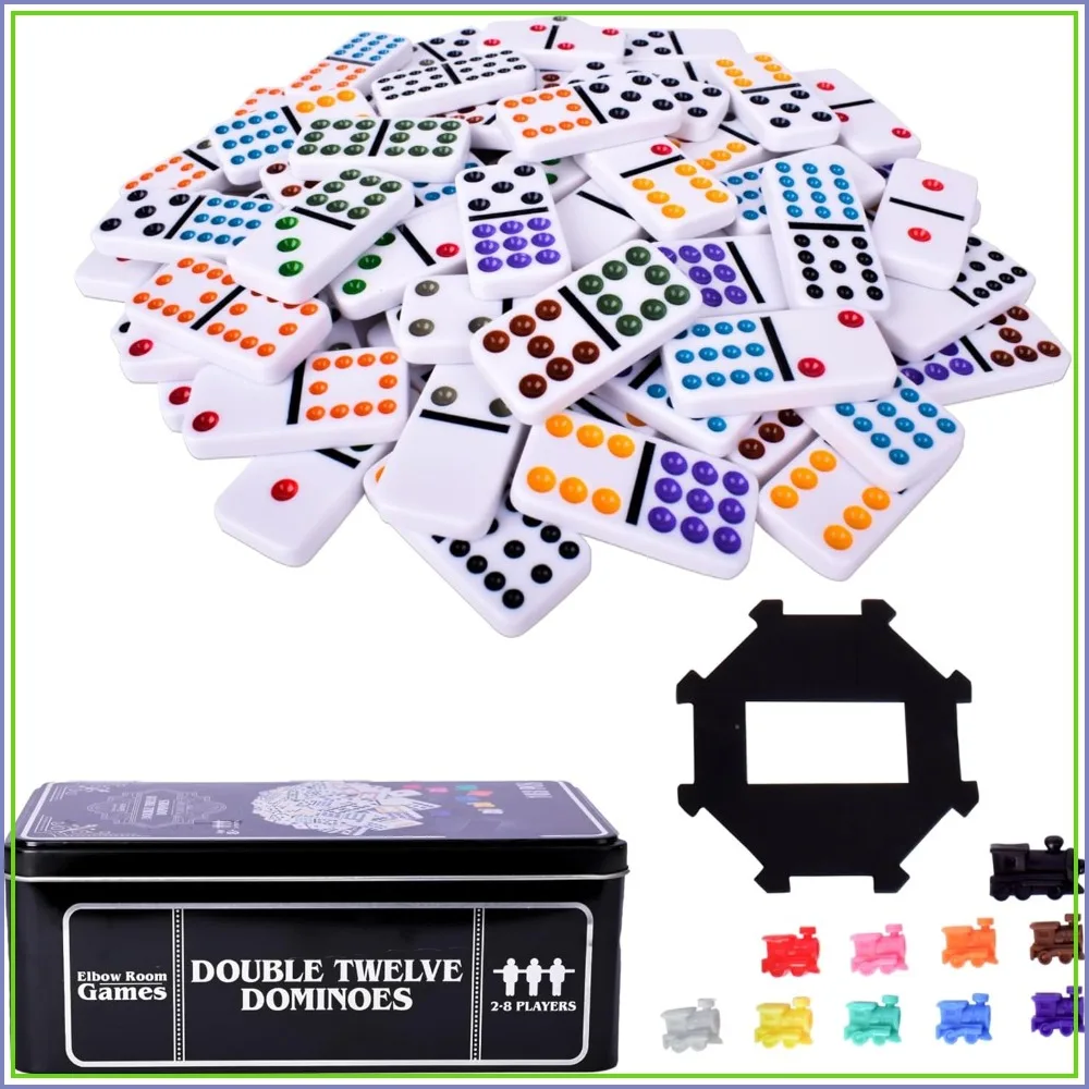 

Double Twelve Dominoes Set with 91 Dominoes, 10 Trains, Starter Piece, Storage Tin – Perfect for Mexican Train, Block, and Draw – for 2-8 Players
