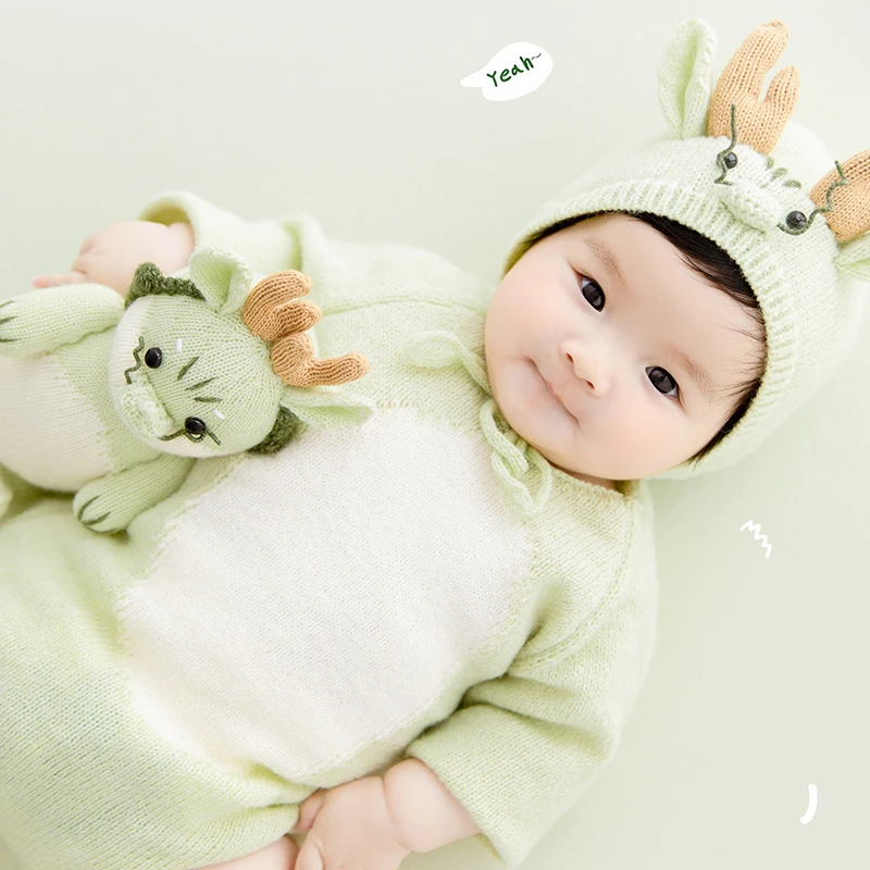 Ropa de fotografía de bebé de punto, tema de dinosaurio verde, disfraz de bebé, accesorios de sesión de flores blancas, accesorios de pose de estudio, 3-5m