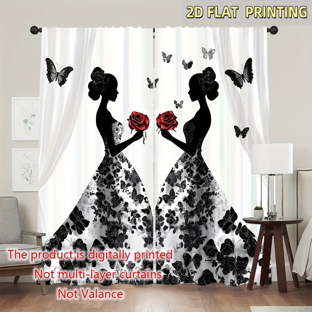 Elegant Lady Silhouette Curtain, Red Rose Butterfly Floral Window Drape, Romantic Bedroom Decor, Blackout Fabric for Living Room