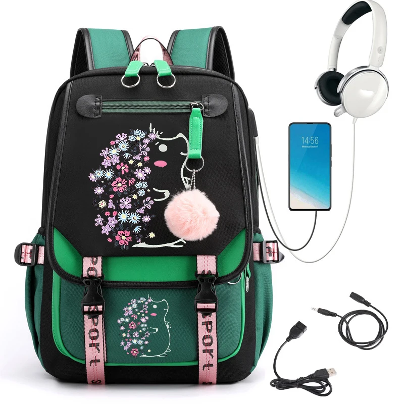 Grande Anime Hedgehog Schoolbag para meninas, Mochila dos desenhos animados, USB Bagpack, Sacos de estudante do ensino médio