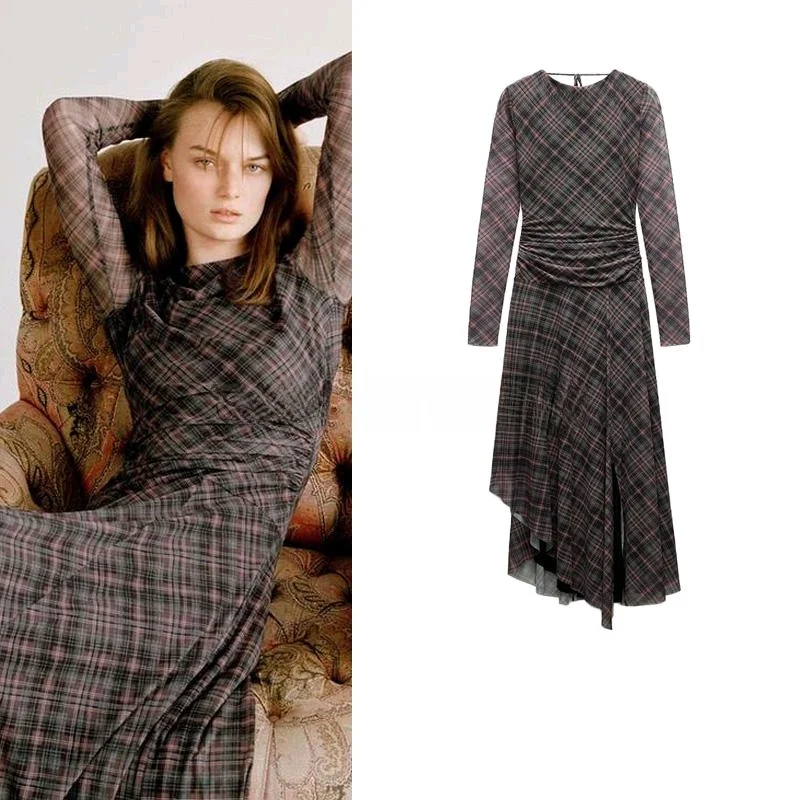 

Spring New Arrival Women's American Retro Plaid Pleated Silk Net Long Sve round Ne Dr Commute Sle Slim Fit Long Dr
