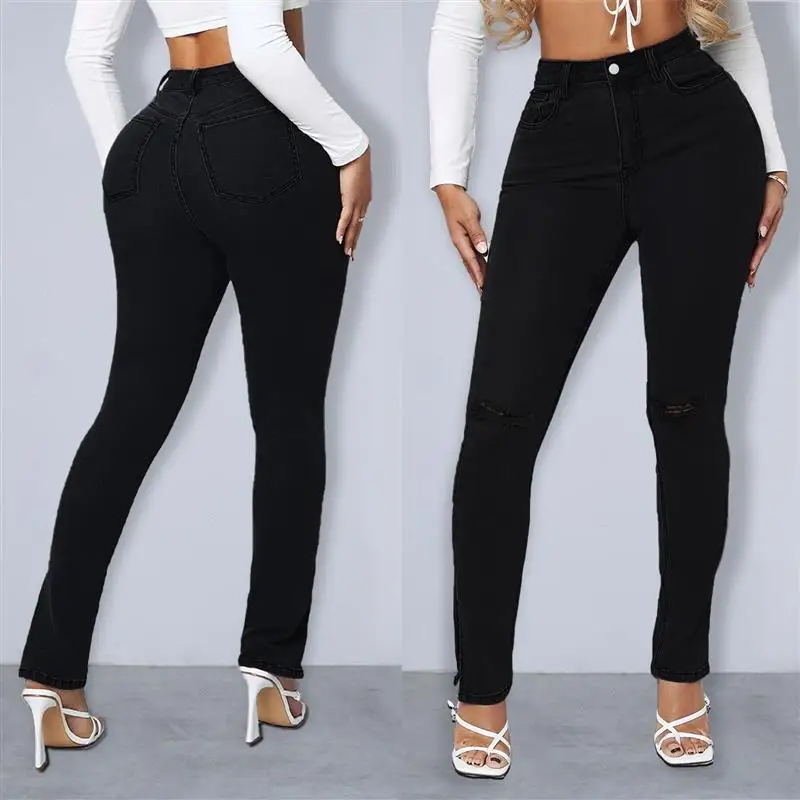 Traceable Women's Denim Jeans Wish Cross-Border Torn Slit New Style Long Black Jeans from Other Brand Winter Collection