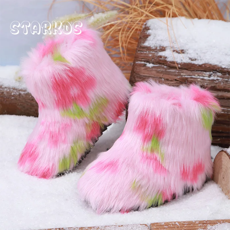 

Flower Printed Pink Faux Fur Boots Kids Girls Long Hair Warm Plush Short Booties Baby Child Winter Slip-on Fluffy Snow Botas
