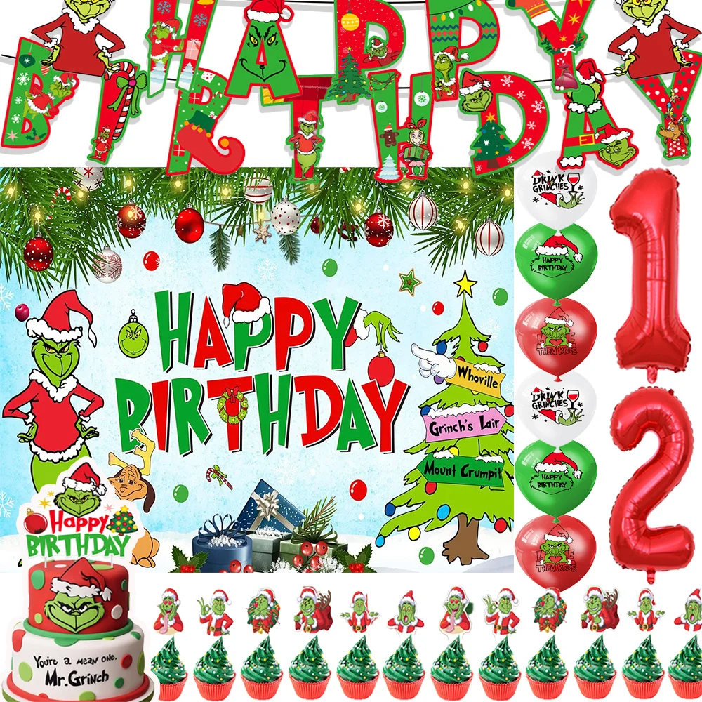 Suministros para fiesta de cumpleaños con tema de película y G-Grinches, globo verde de Navidad, decoración para tarta, pancarta, fondo para evento de Navidad, utilería para Baby Shower