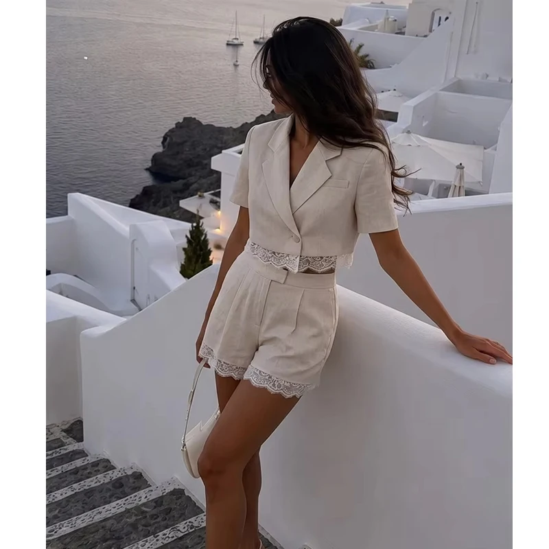 HXAO Cropped Jacket Lace Blazer Woman Office Wear Short Sleeve Blazer Women Summer Button Casual Commutes Blazer Female Suit