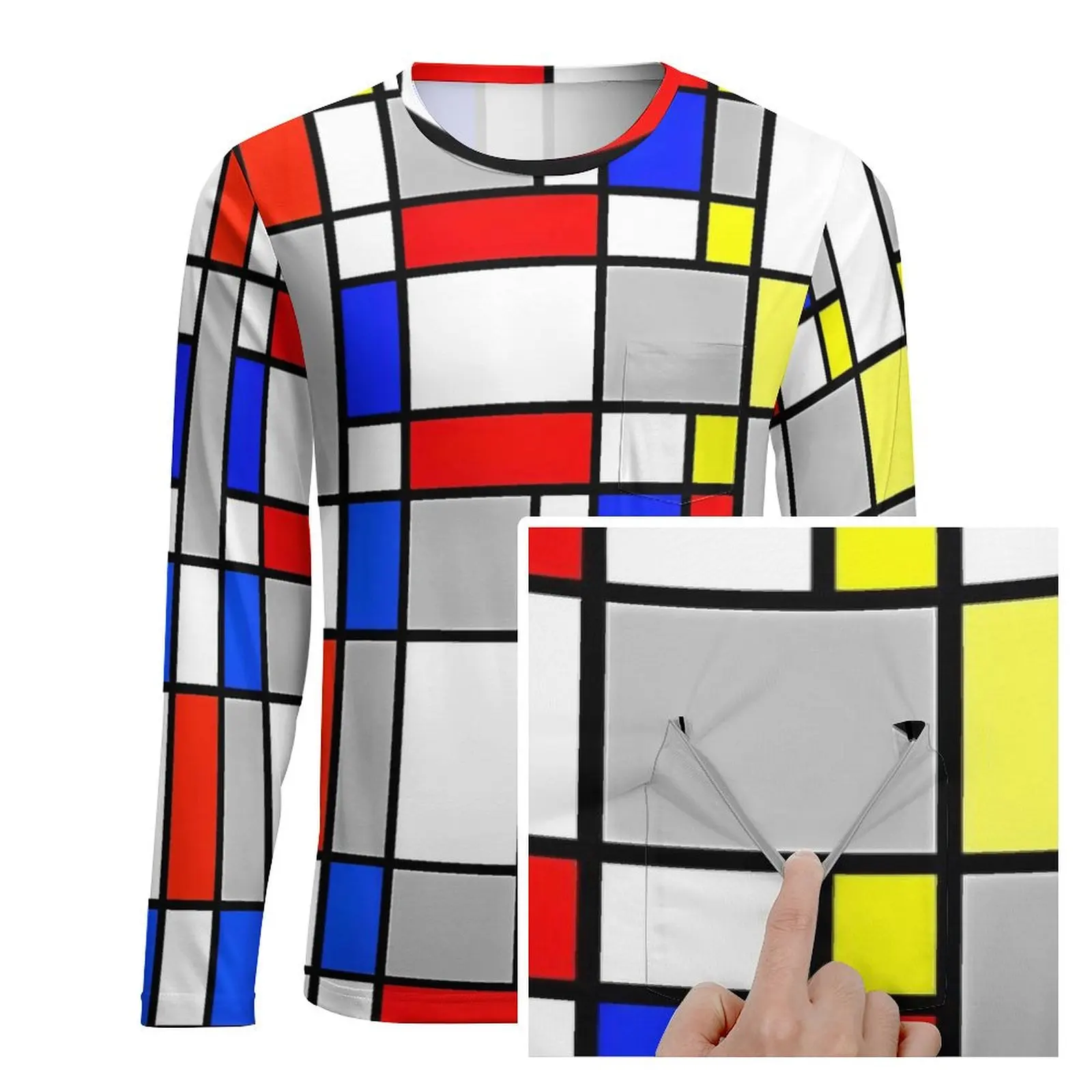 Mondrian Art Style T Shirt  Mens Popular T-Shirts Spring Design Tee Shirt Long Sleeve Aesthetic Big Size Gift