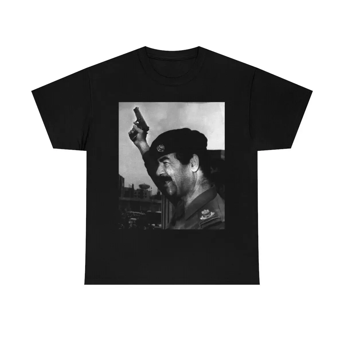 Saddam Hussein with gun shirt , Saddam Hussein photo t-shirt all sizes