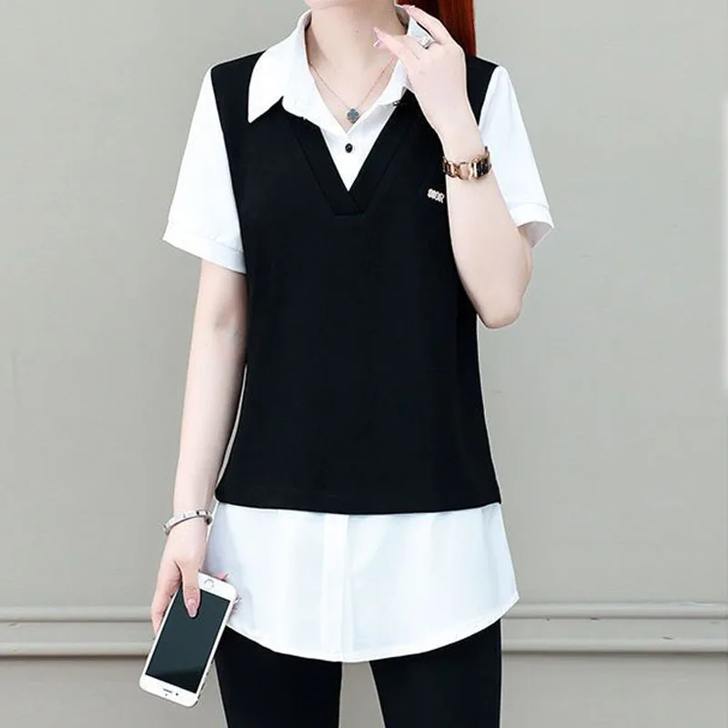 Office Lady Korean Solid Color Spliced Fake Two Pieces Blouse Fashion All-match Polo-Neck Casual Shirt Summer Women\'s Clothing