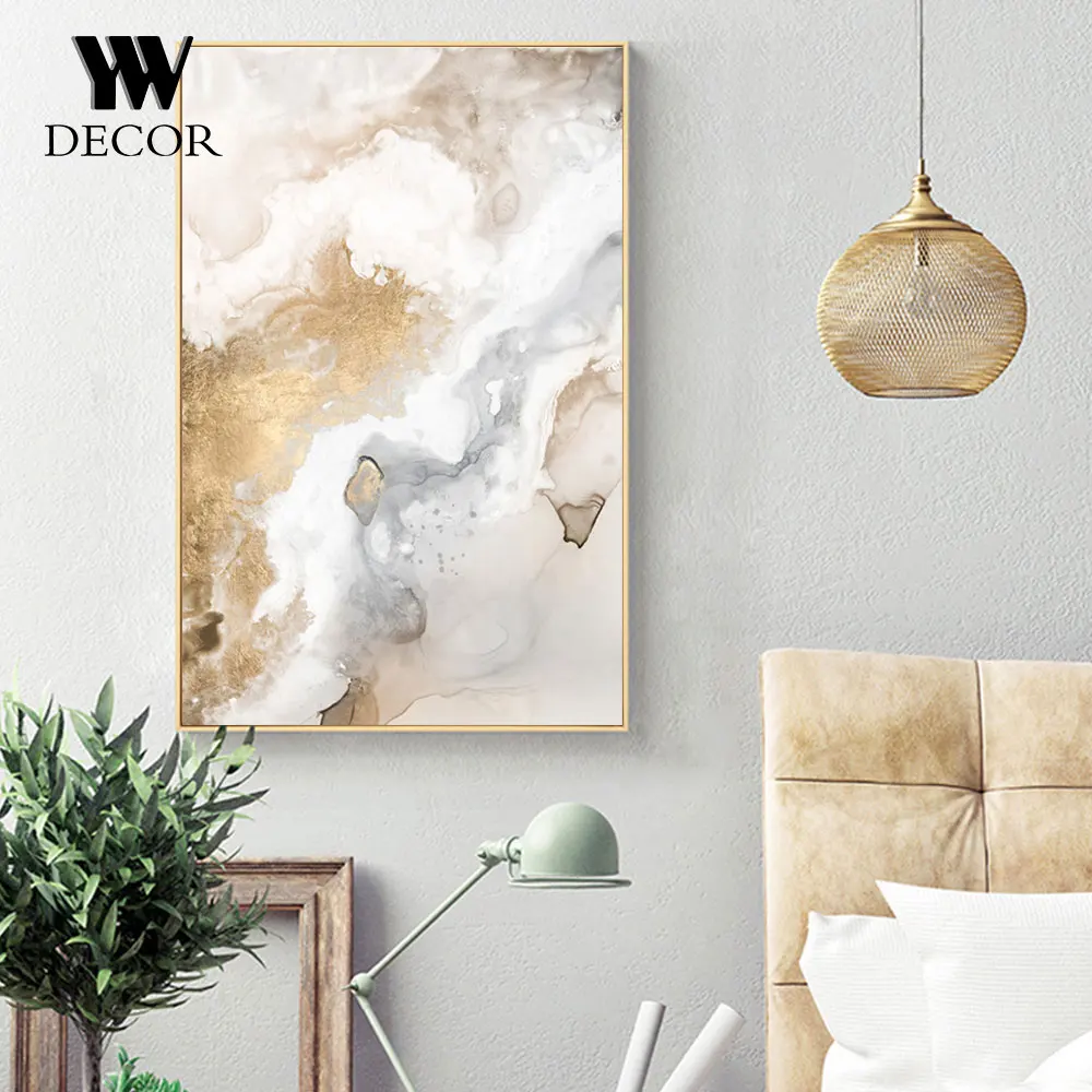 Abstract Beige Gold Marble Fluid Posters Custom Canvas Painting Wall Art Pictures For Living Room