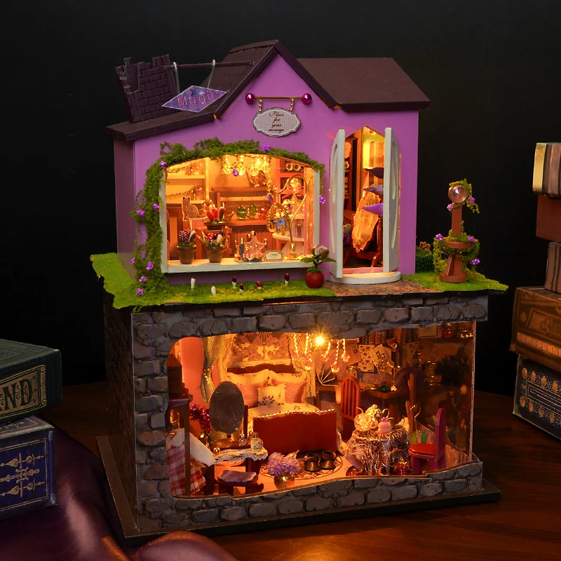 DIY Wooden Miniature Building Kits Witch Magic Shop Cottage Doll Houses With Furniture Lights Casa for Friends Birthday Gifts