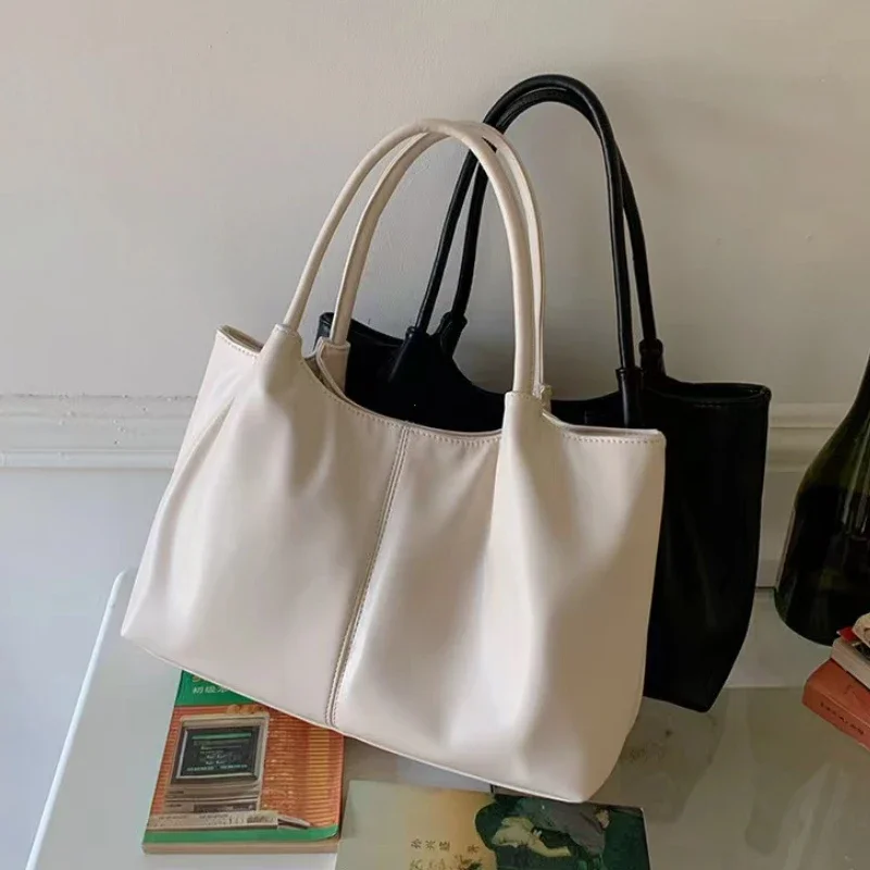 Simple White Shoulder Bag 2024 Women's PU Leather Soft Underarm Tote Bag School Large Capacity Bag Full Student Shopping Handbag