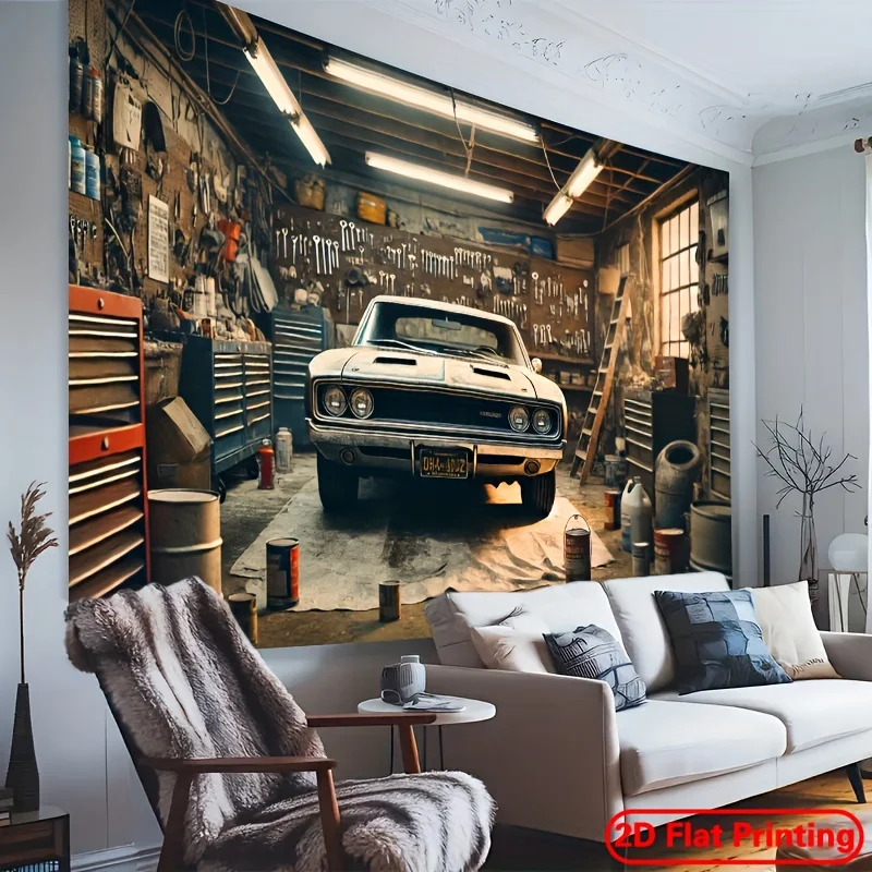 Vintage Muscle Car Repair Shop digital printing polyester wall tapestry suitable for use in living rooms bedrooms offices bars