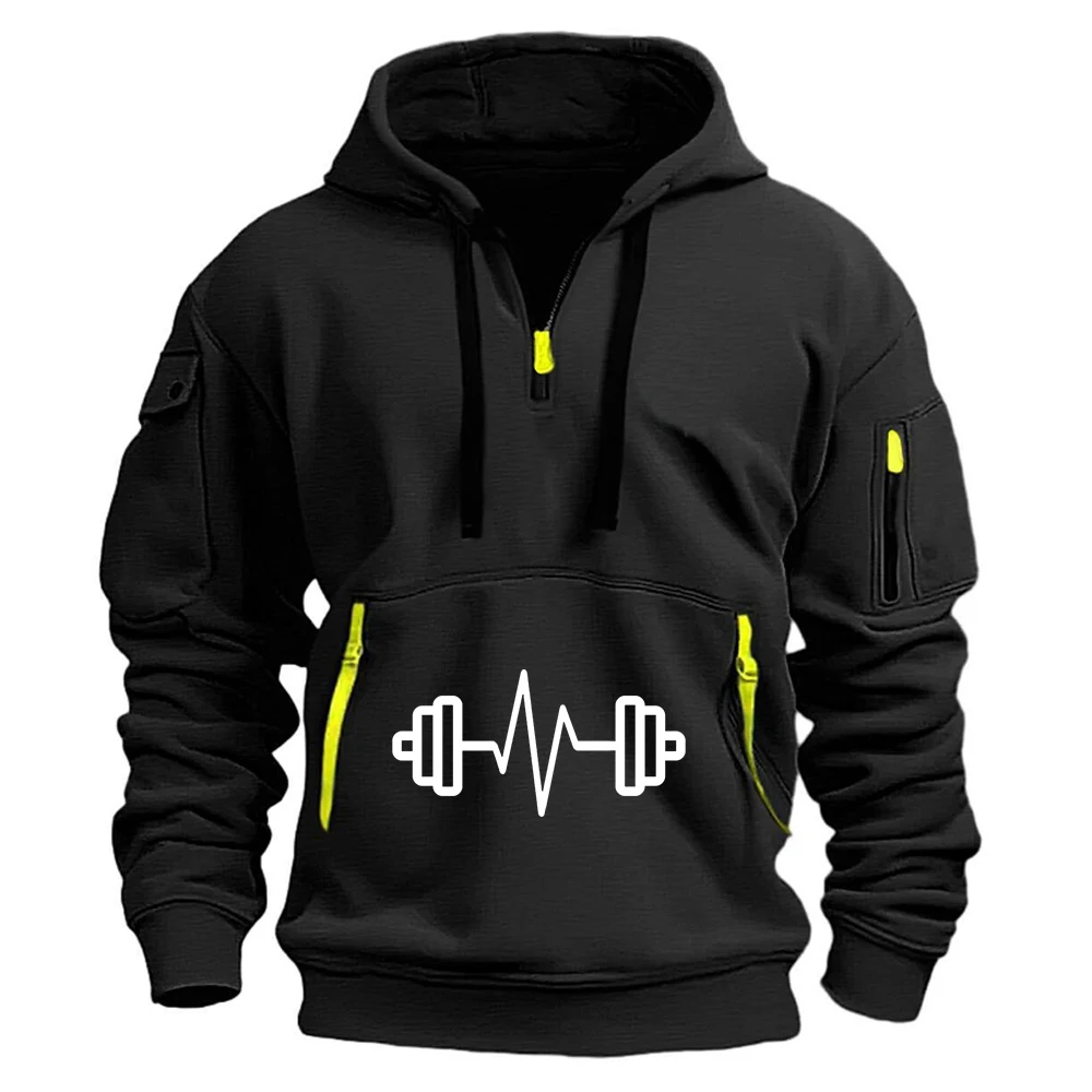 Fitness Dumbbell Pattern Print 2026 Spring Autumn Men's New Half-zip Pullover Fashion Warm Fleece Multi Pocket Sweatshirts