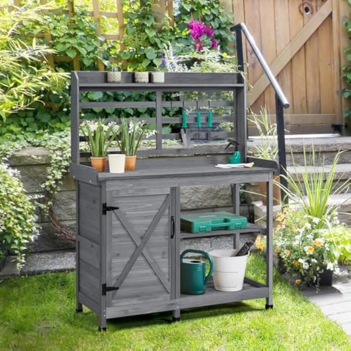 Garden Potting Station in Gray Fir Wood with Triple-Edge Worktop 44.5 Inch Long Spacious Storage Cabinet Two-Tier Open Shelf Ven