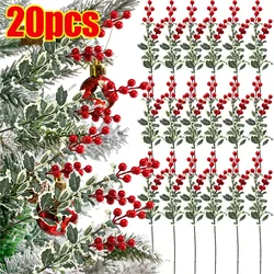 20/1 Uds. De flores artificiales de bayas rojas de Navidad, rama de hojas de acebo, corona DIY para adornos de árbol de Navidad, decoración del hogar para fiesta de año nuevo