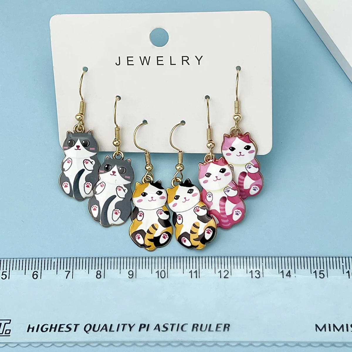 3Pairs/Set New Fun and Cute Enamel Alloy Cat Dangle Earrings Cartoon Style Colored Cat Ear Jewelry Set Gift For Women Girls